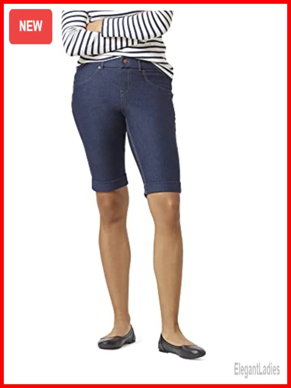 High Rise Rolled Cuff Denim Shorts Pull On Relaxed Fit 12in Inseam Cotton